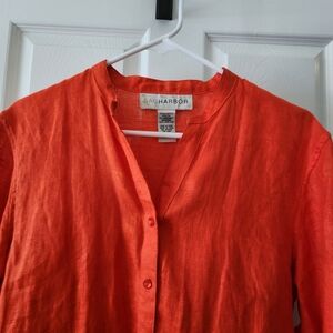 Vintage 100% Linen Blouse V-Neck Oversized 3/4 Sleeves Orange-Red Size M/L